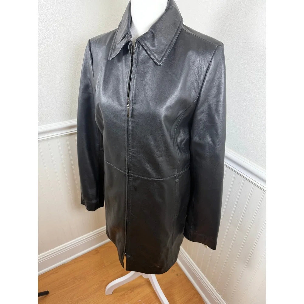 Jaclyn Smith Womens Black Leather Full Zip Collared Coat Casual Outerwear Size S